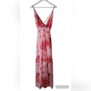 Ladies baby doll floral summer dress - ankle length - pink red flowers - Small